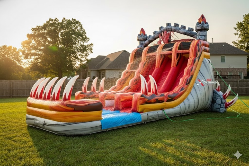 Dual lane commercial dragon water slide rental with stone castle theme and splash pool, professionally installed in a Potosi MO backyard by Xclusive Entertainments.